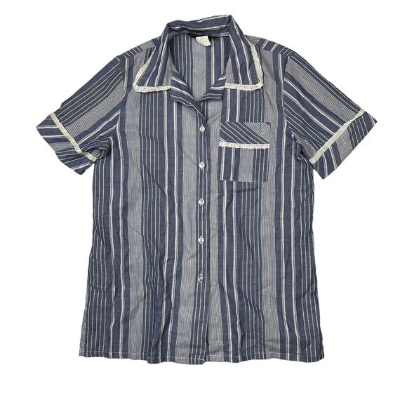 Vintage Tops - Vintage 70s 80s Striped Short Sleeve Button Collared Blouse Blue White Womens 9